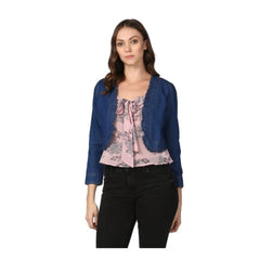 Women's Denim Ruffled Long Sleeves Shrug (Navy Blue)