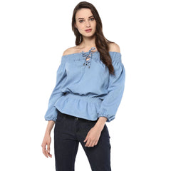 Women's Denim Solid 3-4th Sleeves Regular Top (Blue)