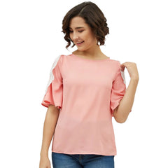 Women's Polyester Lace Inserts Cold Shoulder Top (Pink)