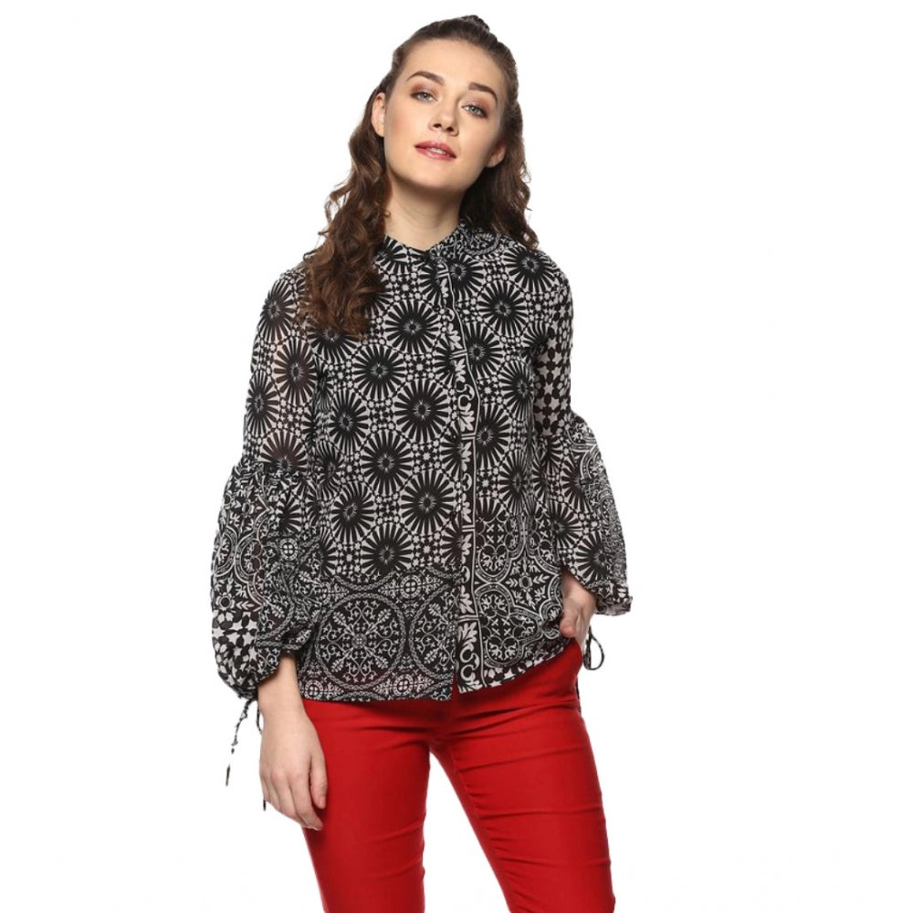 Women's Polyester Printed Balloon Sleeve Top (Black - White)