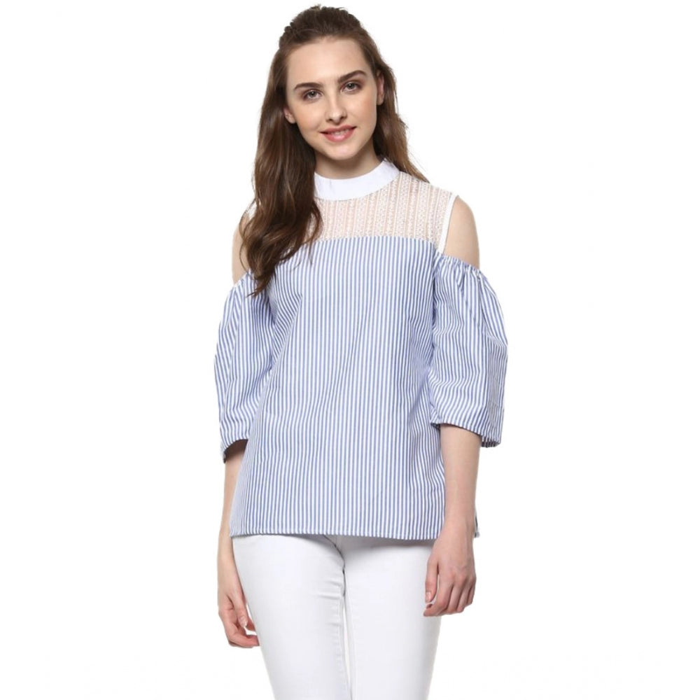 Women's Cotton Striped Cold Shoulder Top (Blue)