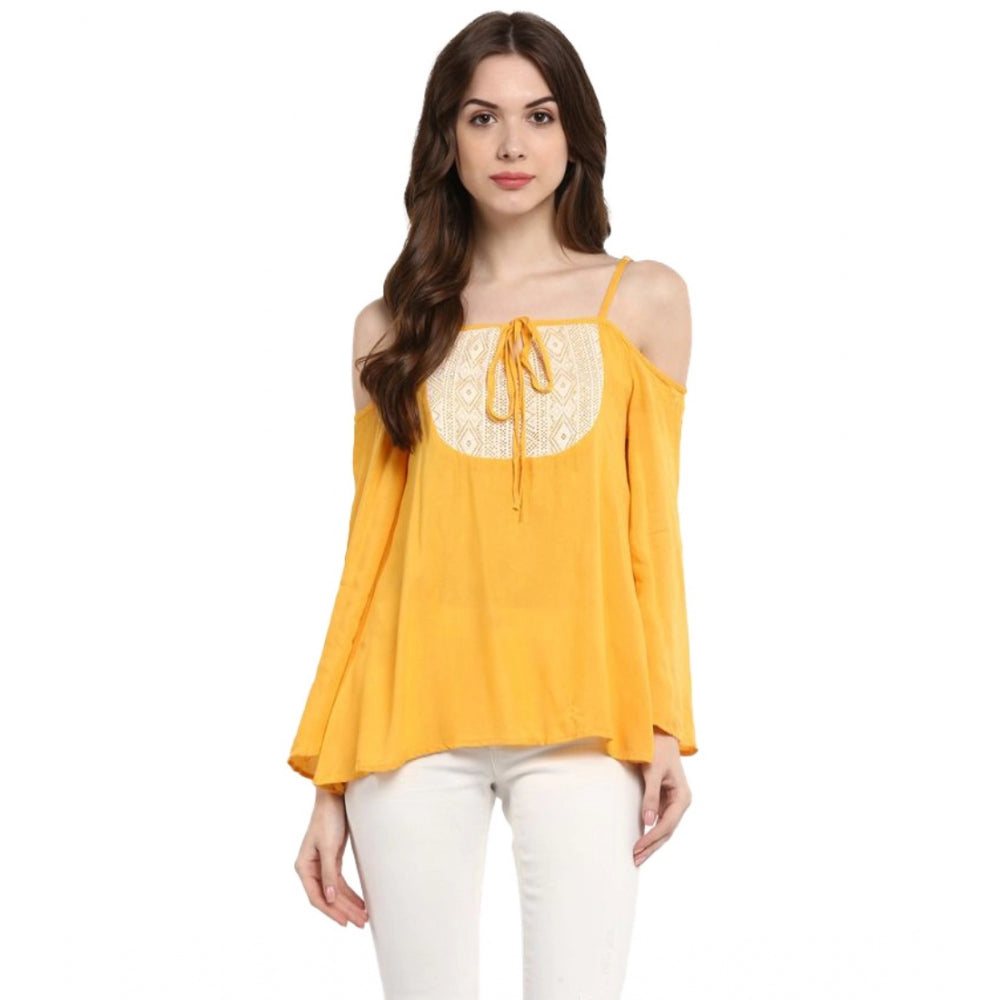 Women's Rayon Embellished Cold Shoulder Regular Top (Mustard Yellow)