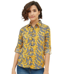 Women's Polyester Printed Roll Up Sleeve Standard Length Shirt (Mustared)