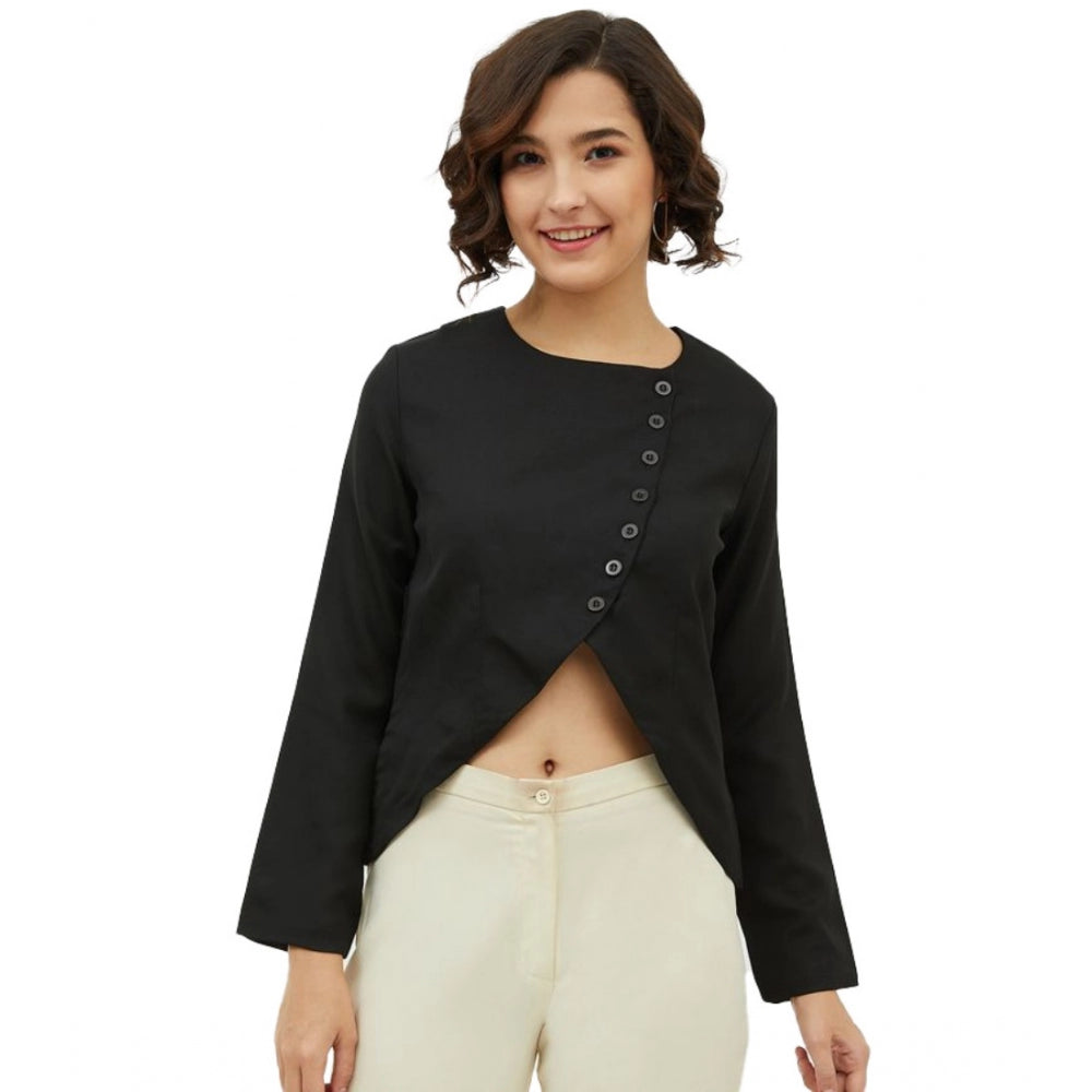 Women's Polyester Asymmetrical Long Sleeves Top (Black)