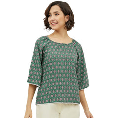 Women's Polyester Printed 3-4th Sleeves Top (Green)