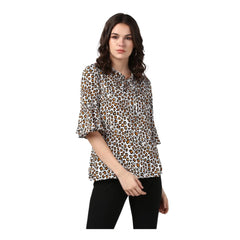 Women's Polyester Animal Print Bell Sleeve Top (Orange - Black)