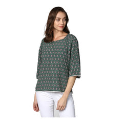 Women's Polyester Printed 3-4th Sleeves Top (Green)