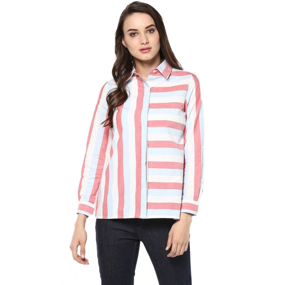 Women's Cotton Striped Roll Up Sleeve Regular Top (Red)