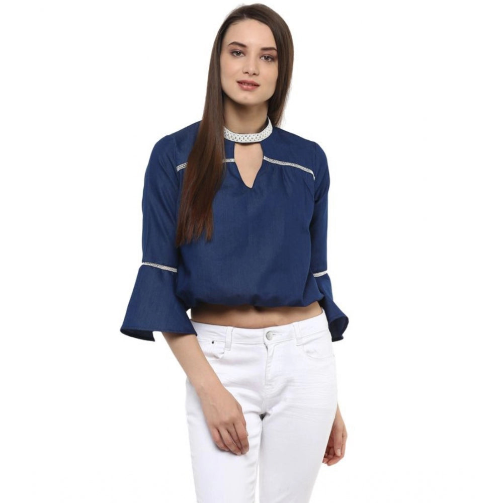 Women's Polyester Solid Bell Sleeve Regular Top (Blue)