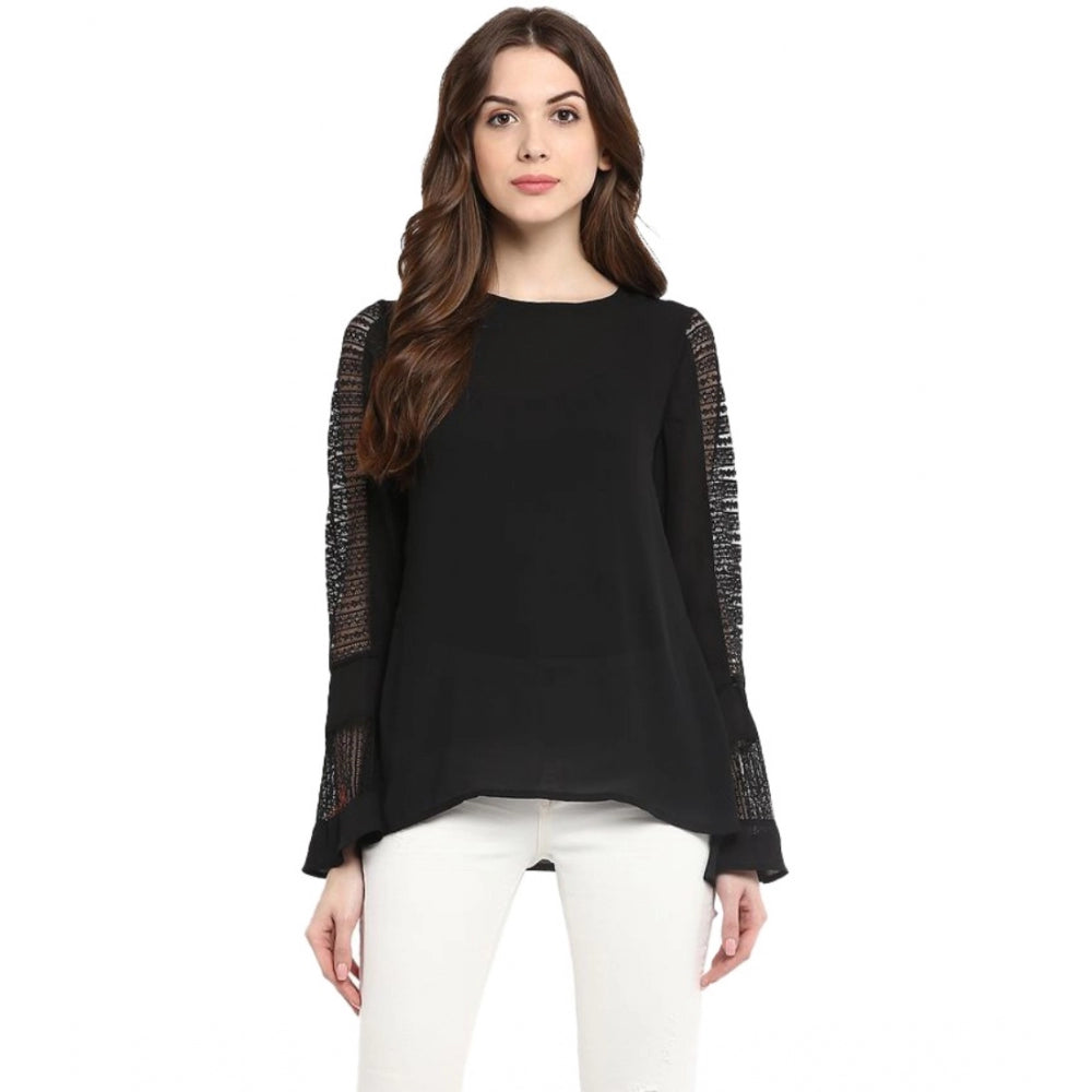 Women's Polyester Georgette Self Design Bell Sleeve Regular Top (Black)