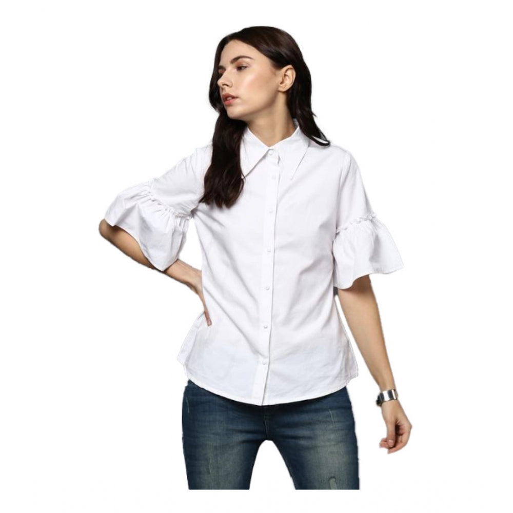 Women's Cotton Solid Bell Sleeve Top (White)