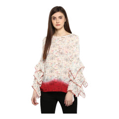 Women's Rayon Crepe Printed Ruffle Sleeve Top (Off White - Red)