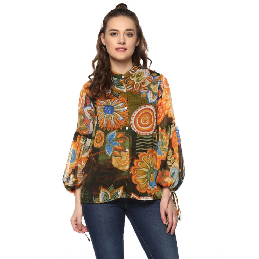 Women's Polyester Floral Balloon Sleeve Top (Mustard - Olive)