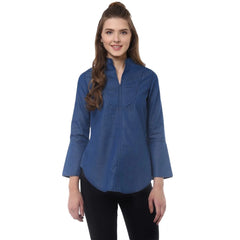 Women's Denim Solid Bell Sleeve Regular Top (Blue Denim)