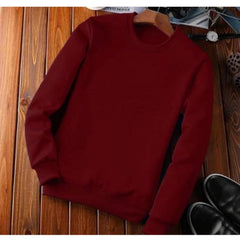 Men's Casual Fleece Solid Round Neck Long Sleeves Sweatshirt (Maroon)