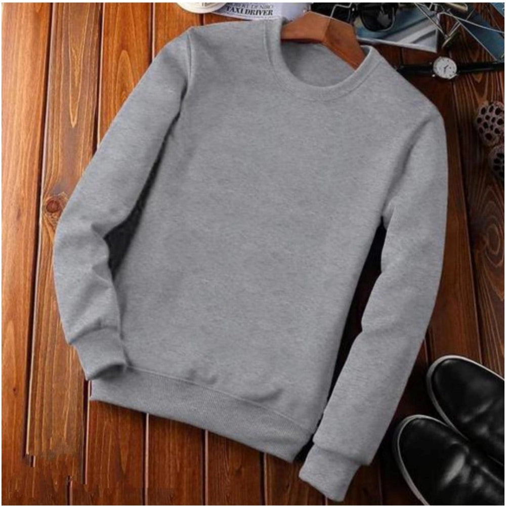 Men's Casual Fleece Solid Round Neck Long Sleeves Sweatshirt (Grey)