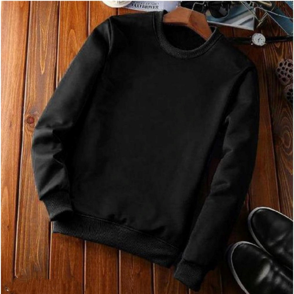 Men's Casual Fleece Solid Round Neck Long Sleeves Sweatshirt (Black)