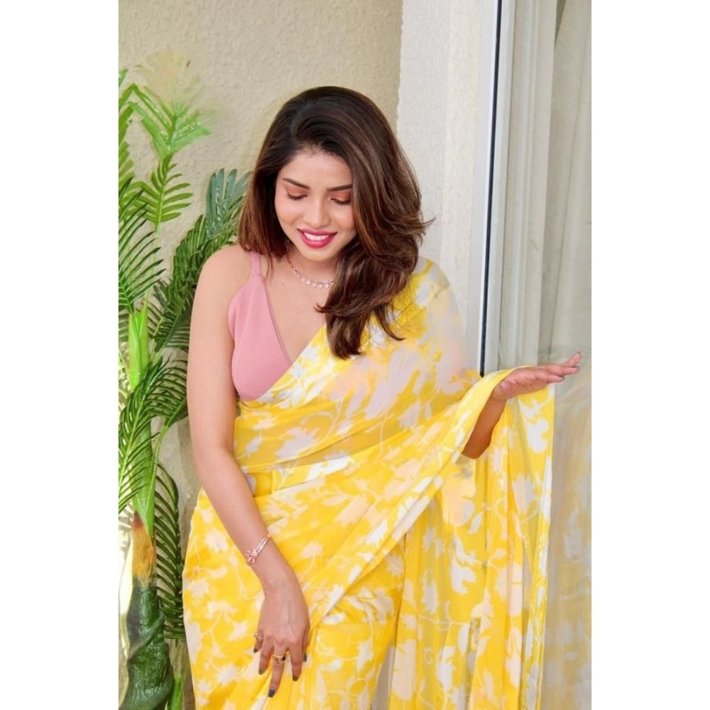 Women's Sattin Patta Printed Saree With Unstitched Blouse (Yellow, 5-5 Mtrs)