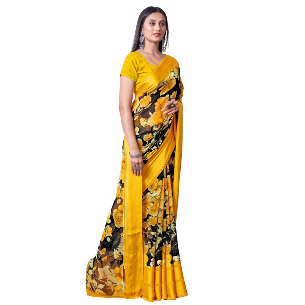 Women's Sattin Patta Printed Saree With Unstitched Blouse (Yellow, 5-5 Mtrs)