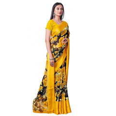 Women's Sattin Patta Printed Saree With Unstitched Blouse (Yellow, 5-5 Mtrs)