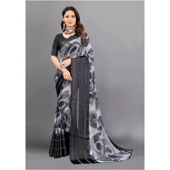 Women's Sattin Patta Printed Saree With Unstitched Blouse (Black, 5-5 Mtrs)