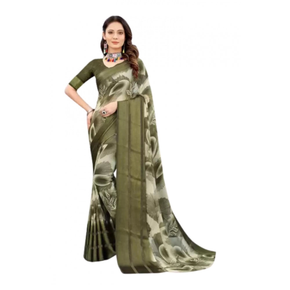 Women's Sattin Patta Printed Saree With Unstitched Blouse (Olive, 5-5 Mtrs)