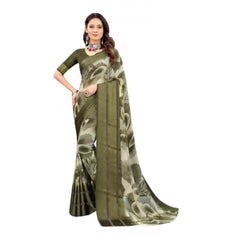 Women's Sattin Patta Printed Saree With Unstitched Blouse (Olive, 5-5 Mtrs)