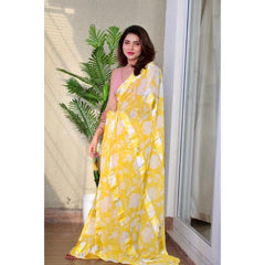 Women's Sattin Patta Printed Saree With Unstitched Blouse (Yellow, 5-5 Mtrs)