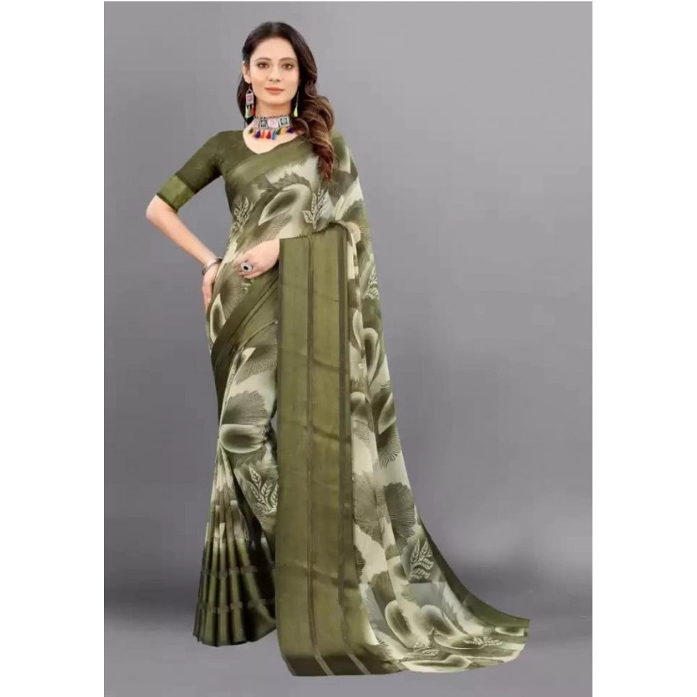 Women's Sattin Patta Printed Saree With Unstitched Blouse (Olive, 5-5 Mtrs)