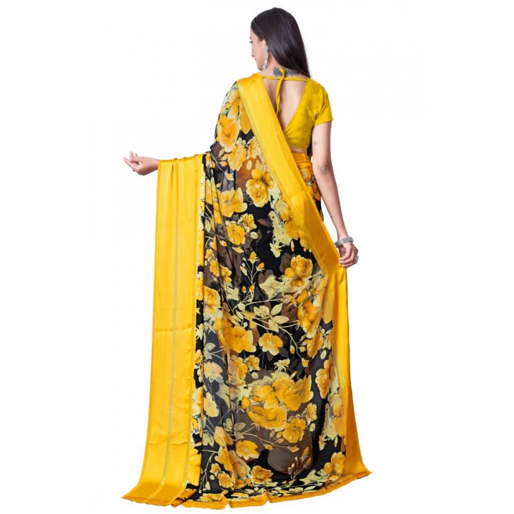 Women's Sattin Patta Printed Saree With Unstitched Blouse (Yellow, 5-5 Mtrs)