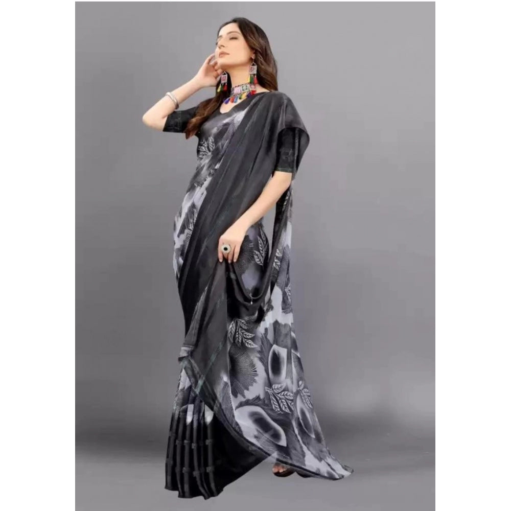 Women's Sattin Patta Printed Saree With Unstitched Blouse (Black, 5-5 Mtrs)