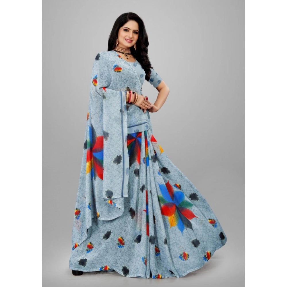 Women's Georgette Printed Saree With Unstitched Blouse (Grey, 5-5 Mtrs)