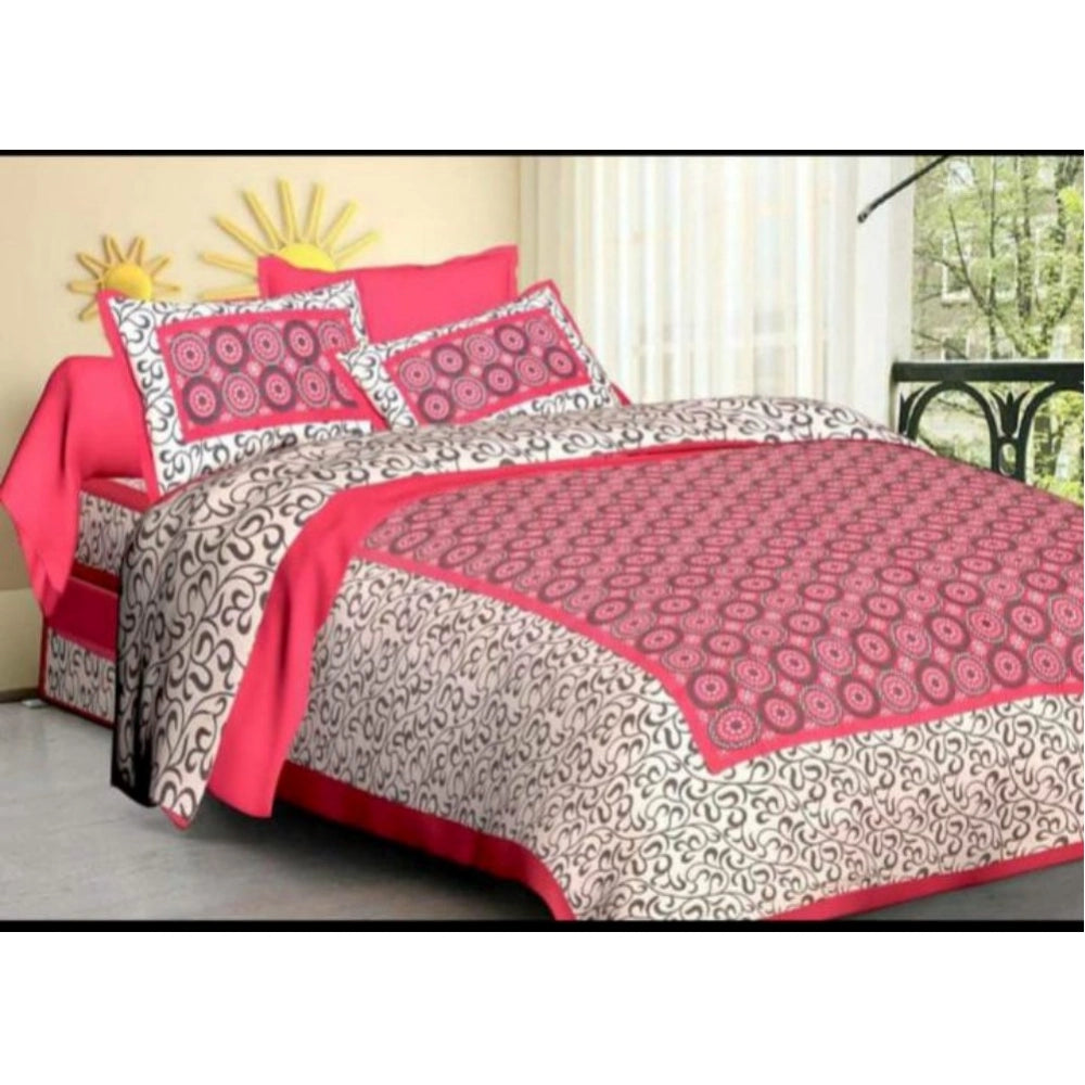 Cotton Printed Queen Size Bedsheet With 2 Pillow Covers (Pink, 90x100 Inch)