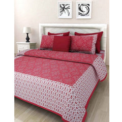 Cotton Printed Queen Size Bedsheet With 2 Pillow Covers (Pink, 90x100 Inch)