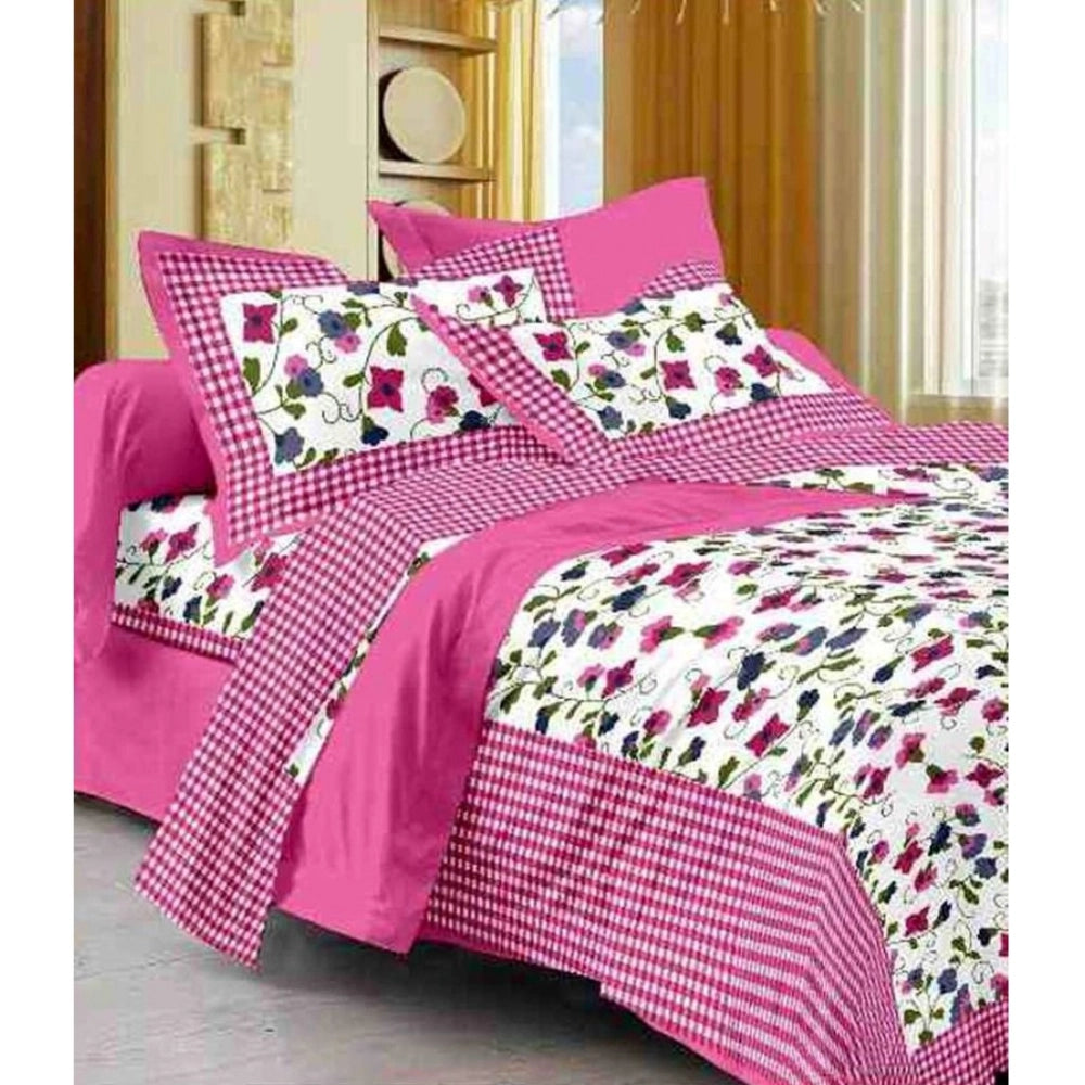 Cotton Printed Queen Size Bedsheet With 2 Pillow Covers (Pink, 90x100 Inch)