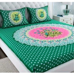 Cotton Printed Queen Size Bedsheet With 2 Pillow Covers (Green, 90x100 Inch)