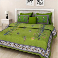 Cotton Printed Queen Size Bedsheet With 2 Pillow Covers (Green, 90x100 Inch)