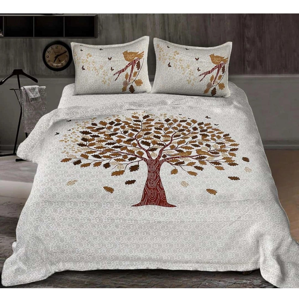 Cotton Printed Queen Size Bedsheet With 2 Pillow Covers (White, 90x100 Inch)