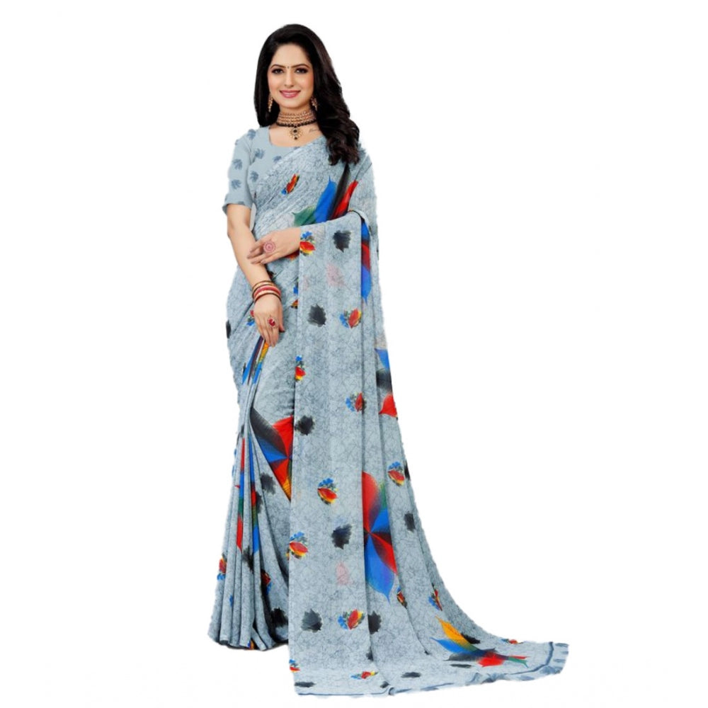 Women's Georgette Printed Saree With Unstitched Blouse (Grey, 5-5 Mtrs)