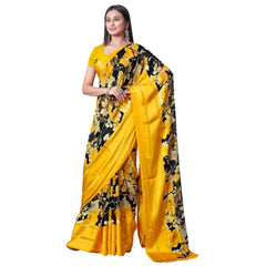 Women's Sattin Patta Printed Saree With Unstitched Blouse (Yellow, 5-5 Mtrs)