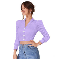 Women's Polyester Solid Puff Sleeves Lapel Collar Top (Purple)