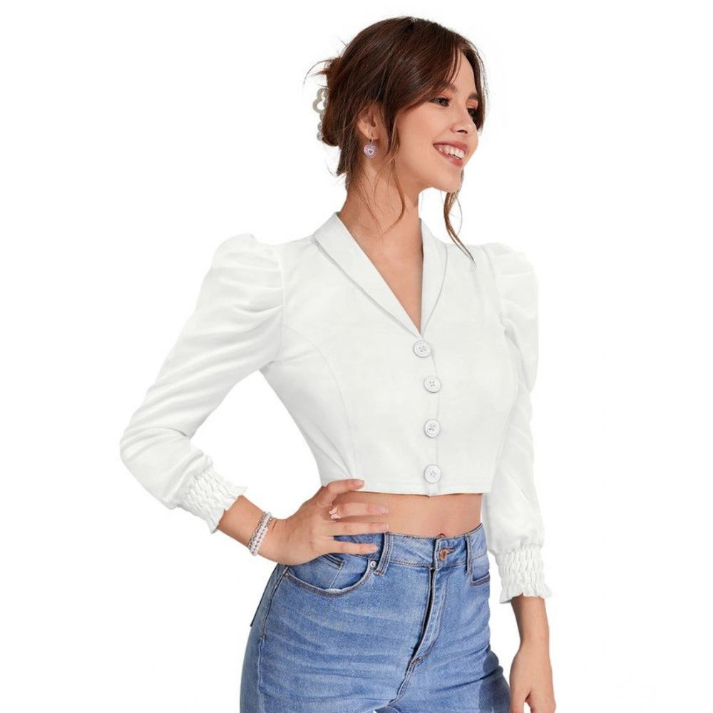 Women's Polyester Solid Puff Sleeves Lapel Collar Top (White)