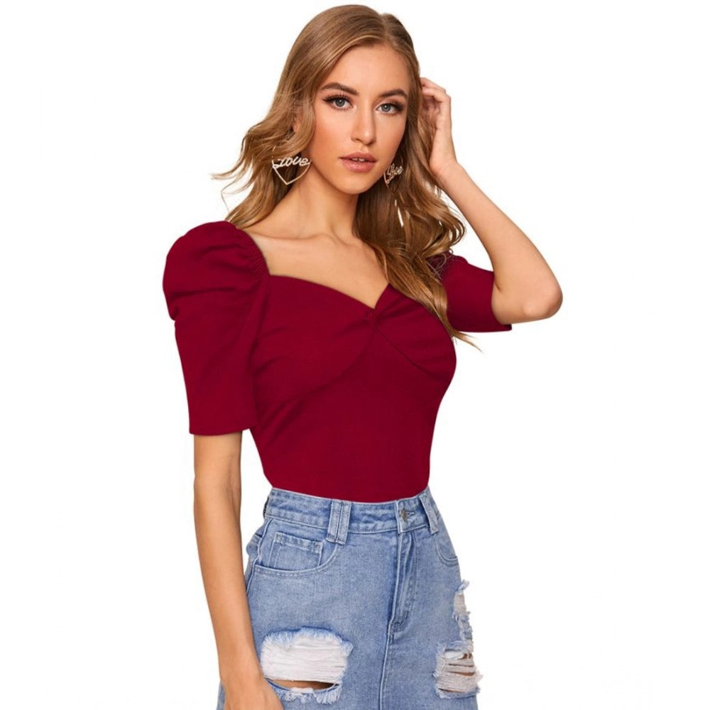 Women's Polyester Solid Puff Short Sleeves Sweetheart Neck Top (Maroon)