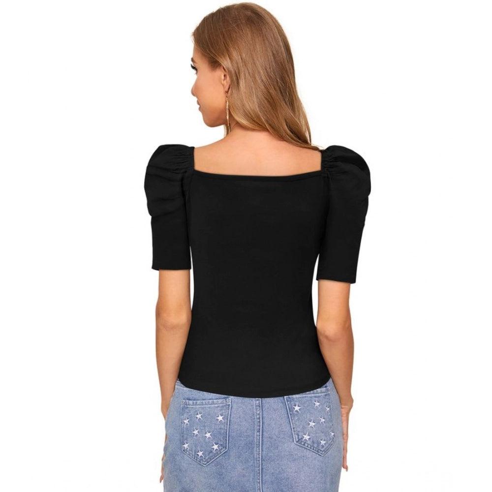 Women's Polyester Solid Puff Short Sleeves Sweetheart Neck Top (Black)