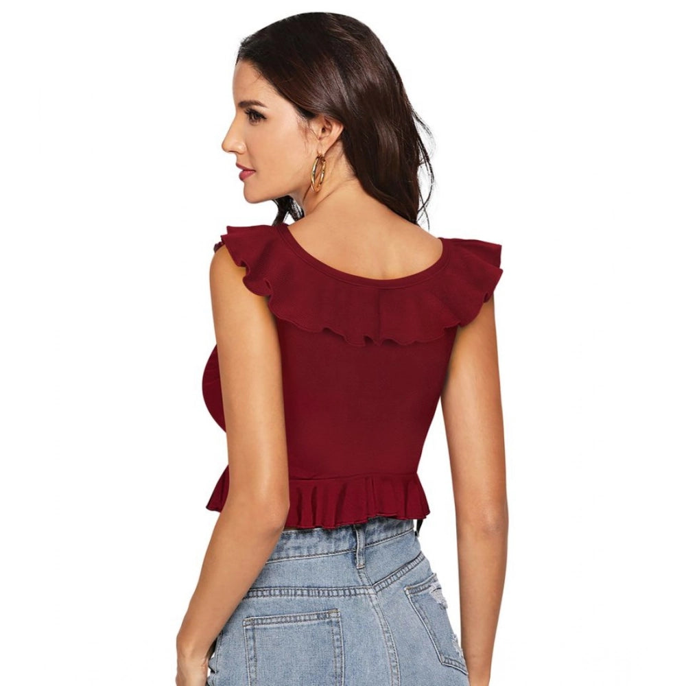 Women's Polyester Solid Sleeveless Ruffle Neck Top (Maroon)