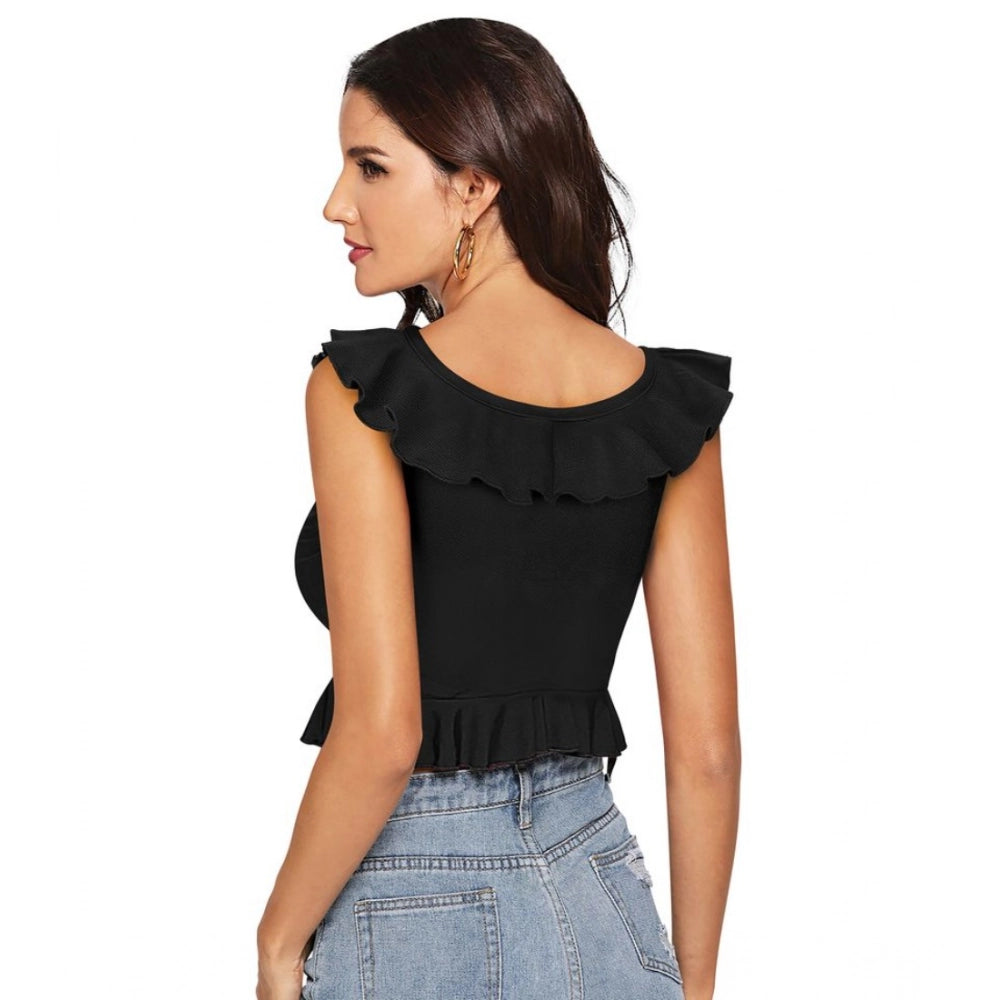 Women's Polyester Solid Sleeveless Ruffle Neck Top (Black)