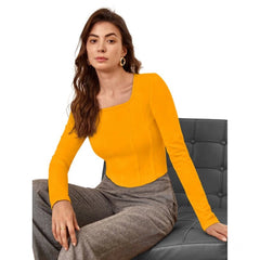 Women's Polyester Solid Full Sleeves Square Neck Top (Yellow)