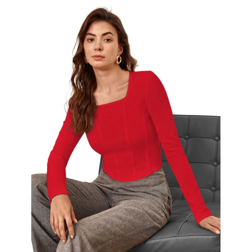 Women's Polyester Solid Full Sleeves Square Neck Top (Red)