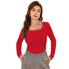 Women's Polyester Solid Full Sleeves Square Neck Top (Red)