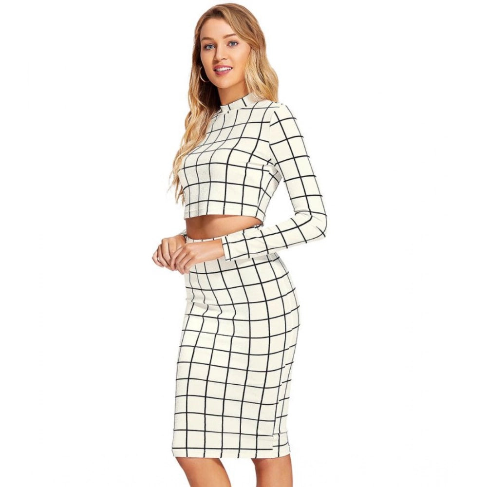 Women's Polyester Checkered Full Sleeves Stand Collar Crop Top Skirt Set (White)